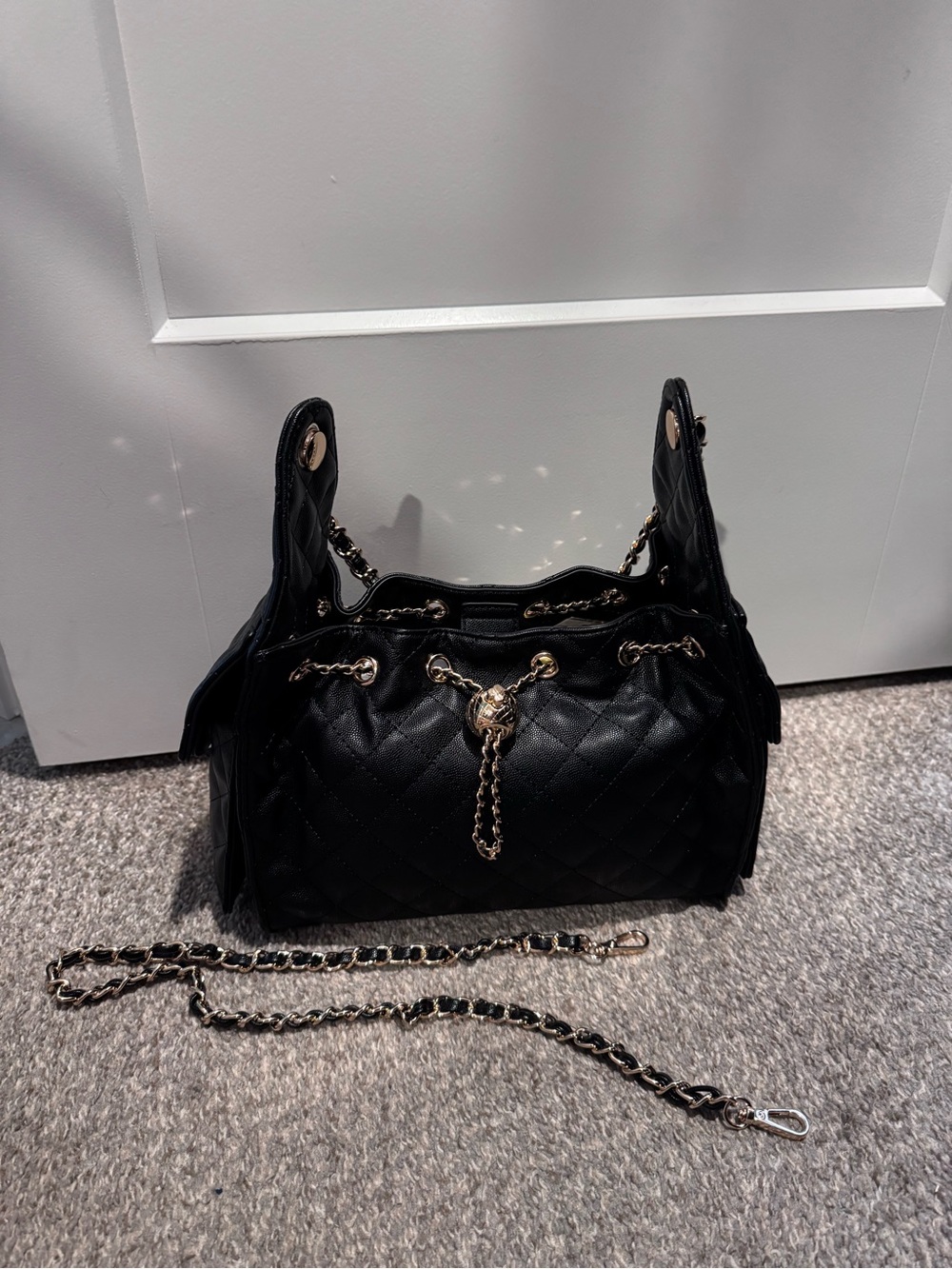 Black Quilted Chain-Accent Shoulder Bag - Picture 6 of 12